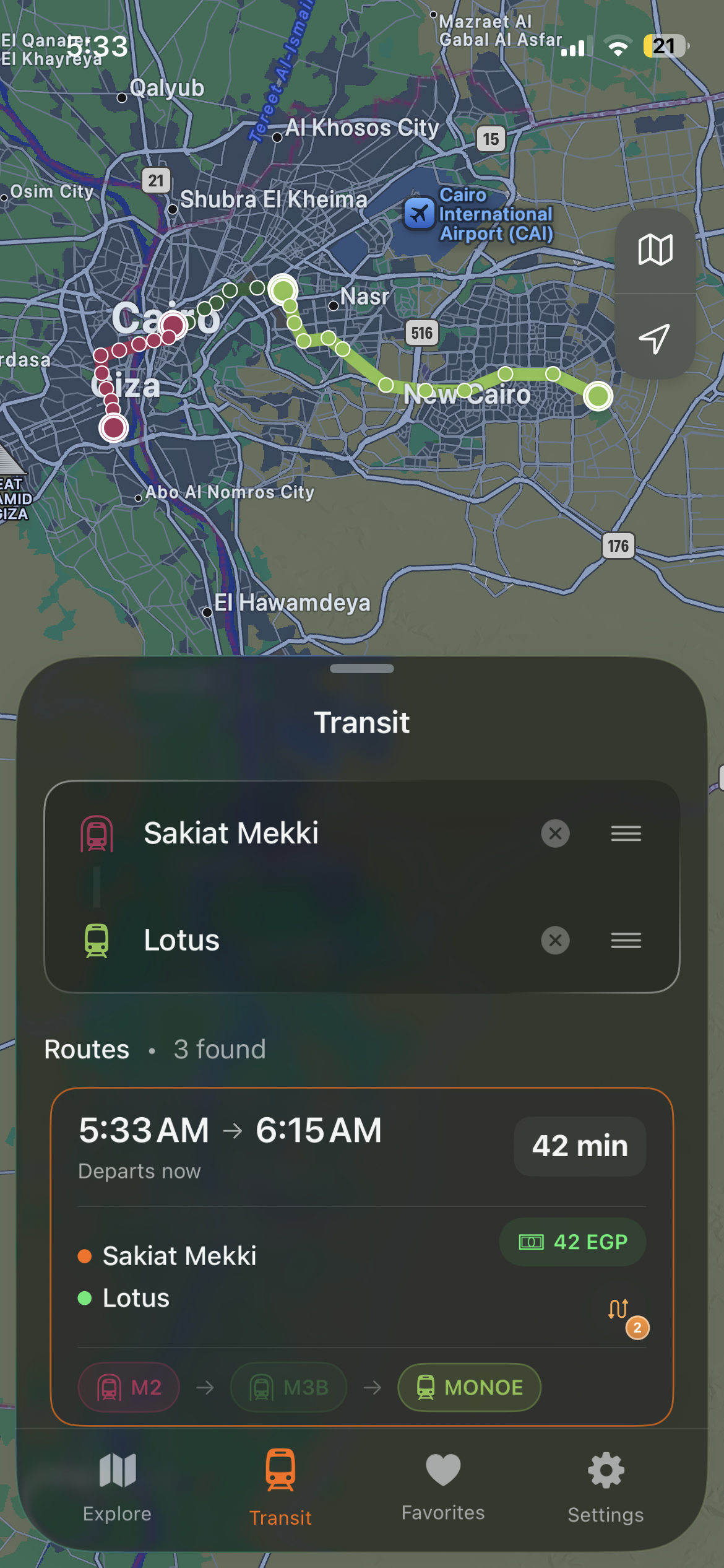 InEgypt Transit Routing screen