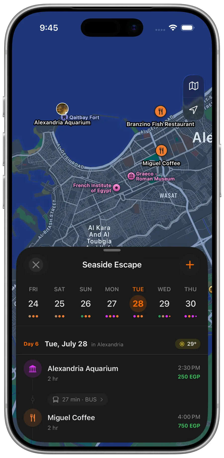 Day-by-day itinerary on the map