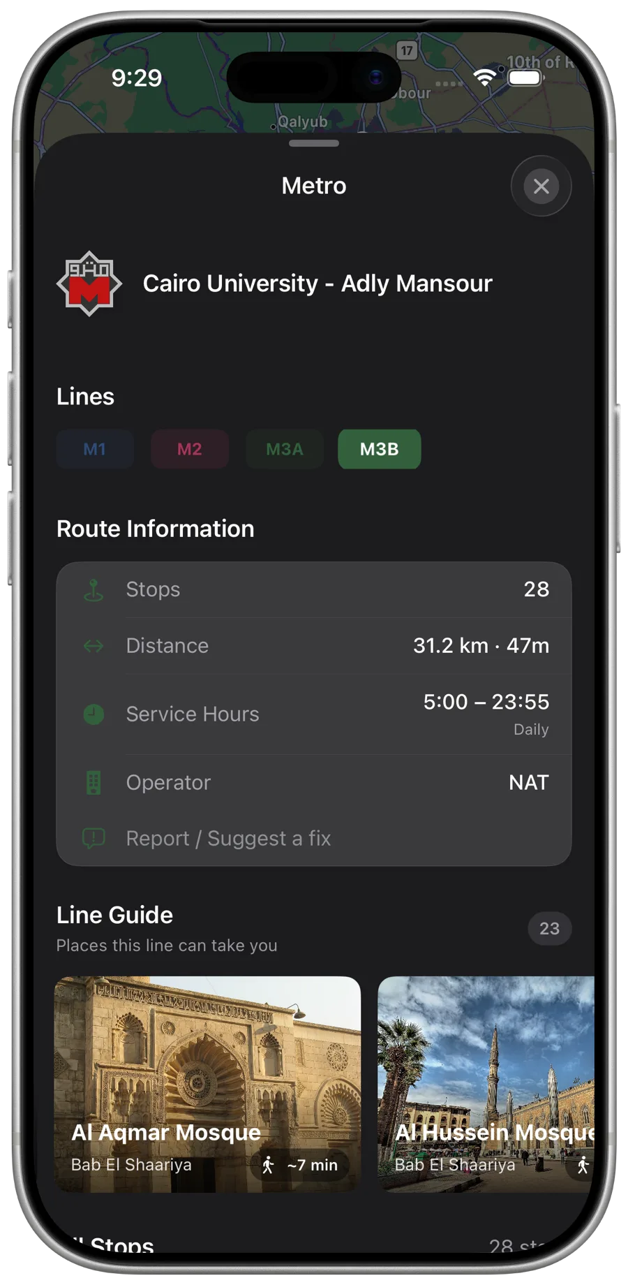 Metro line detail with stops and station guide