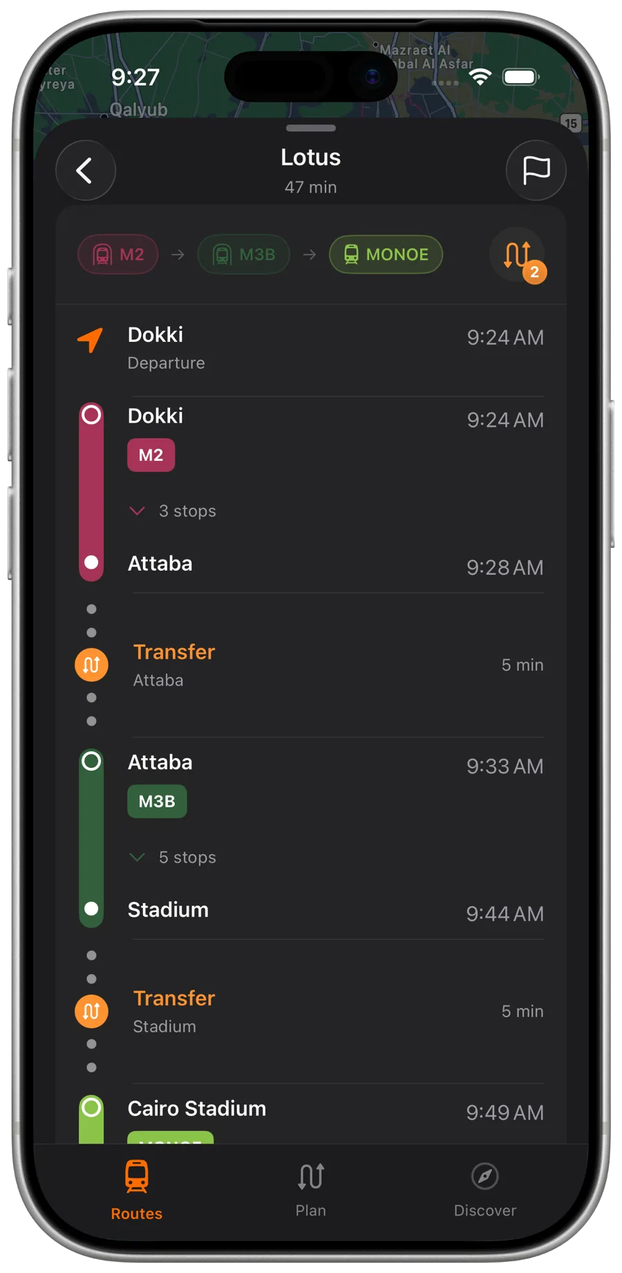 Step-by-step transit directions with transfers